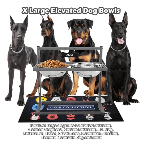 SHAINFUN Elevated Dog Bowls for Large Dogs and Extra Large Sized Dog Raised Dog Bowl Stand Adjustable Height with Two 3000ML(13-14cups) Stainless Steel Dog Food Bowls Metal Elevated Dog Bowl Stand - color: Grey - 106oz Bowl & Mat, size: X-Large Dogs