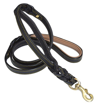6 Foot Braided Leather Dog Leash with Traffic Handle, Two Handles for Training and Safety, Double your Control with 2 Locations, Lead for Large and Medium Dogs,Black 6ft x 3/4 Inch - color: Black