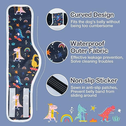 MICOOYO Male Dog Diaper Lightweight Dog Wraps Washable Dogs Diapers Doggie Belly Bands for Male Dogs, Small Reusable Puppy Diapers (Dinosaur, S) - size: Small (9''-12'')