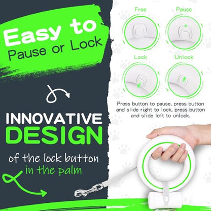 UFO Retractable Dog Leash Hands Free Wearable Laisse Chien with Poop Bag Holder One-Handed Brake Pause Lock 360° Tangle Free 10 ft Strong Nylon Tape Dog Leash for Up to 66lbs Medium Small Dogs - color: Green