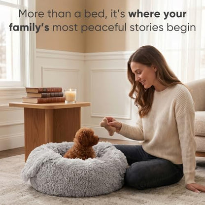 Himax Small Cat & Dog Bed with Cover, Calming Dog Bed for Small Dogs,Anti-Anxiety Donut Dog Bed with Attached Blanket,Washable Round Fluffy Pet Bed (20"/26"/35"), Light Grey - color: Light Grey, size: 20.0"L x 20.0"W x 7.0"Th