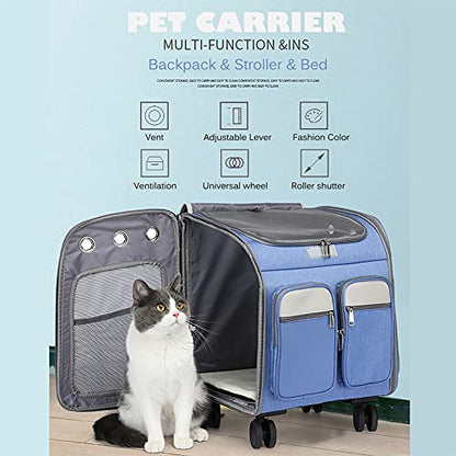 Wheeled Pet Carrier Backpack Pet Stroller, Travel Carrier, Car Seat for Small Dogs Cats Puppies, Comfort Cat Backpack Removable Rolling Wheels – Mesh Ventilation Windows (Large Blue) - color: Large Blue