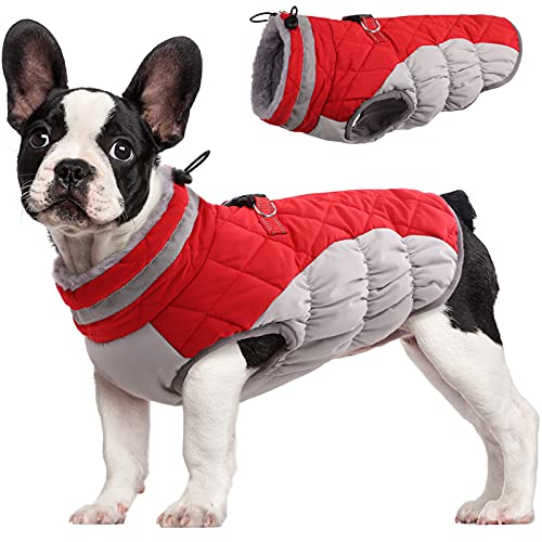 FUAMEY Dog Coat for Small Dogs,Waterproof Dog Winter Jacket with Harness Built in Puppy Cold Weather Coats Reflective Pet Vest with Zipper Warm Fleece Dogs Snowsuit Windproof Red S - color: Red, size: S(chest:17in)