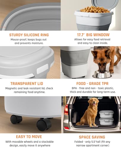 HOYTAMDAR 28-30Lbs Dog Food Storage Container, Collapsible Dog Food Container with Lid,Multifunctional Pet Food Storage Container for Dog,Cat,Rice,Flour,Pet Food Scoop and Small Container - color: Grey-30lbs