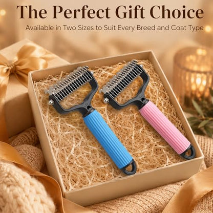 2 Pcs Pet Grooming Brush, Double Sided Undercoat Rake & Dematting Comb for Dogs and Cats, Detangling Tool for Matted Fur, Ideal for Medium or Long Haired Breeds (Blue+Pink, Large)