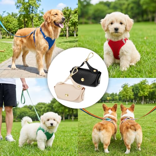 2PCS Leather Dog Poop Bag Dispenser Portable and Reusable Doggie Poop Bags Holder Waterproof Anti-Slip Clip Pet Waste Bag Holders for Walking Any Leash, Opening for Easy Dispensing
