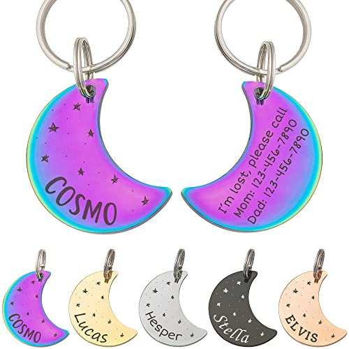 Anavia Starry Sky Theme Pet ID Tags in Half Moon & Star Shape, Personalized Dog Name Tag Cat Tag, Glossy Stainless Steel Gold Plated Black Rainbow Dog Collar Tag (Large, Moon Shape, Rainbow) - color: Rainbow, size: Large, style: Moon Shape