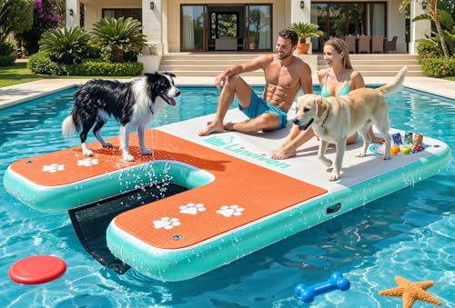 8x5ft Extra Large Inflatable Dog Dock & Boat Ramp for Multiple Large Dogs, 600 LBS Load Capacity, with Anti-Slip EVA Foam & Built-in Ice Bucket Compartment, Dog Water Ramp for Pool Boat Beach Orange - color: Lake Blue + Orange