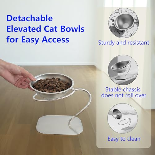 Elevated Cat Bowls,15 Degree Inclined Stainless Steel Cat Bowls,Detachable Metal Bracket,Protect The Cervical Spine,Prevent Vomiting,Ergonomic Design for Healthy Eating & Digestion,2PC (2PC) - size: 2PC