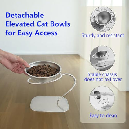 Elevated Cat Bowls,15 Degree Inclined Stainless Steel Cat Bowls,Detachable Metal Bracket,Protect The Cervical Spine,Prevent Vomiting,Ergonomic Design for Healthy Eating & Digestion,2PC (2PC) - size: 2PC