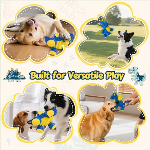 Squeaky Dog Toys for Large Dogs - Plush Dragon Dog Toy with 5 Squeakers & Crinkle Paper, Stuffed Interactive Dog Toy for Gentle Chewers (Blue,10") - color: Blue