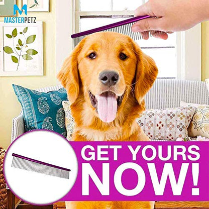 Dog Combs for Grooming Matting, 10-Inch Metal Comb for Dogs and Cats, Greyhound Grooming Comb with Fine and Wide Rounded Stainless Steel Teeth for Detangling Medium to Coarse Fur - size: 10"