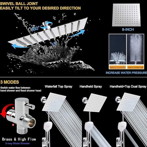 NearMoon Shower Head with Hose, High Pressure Stainless Steel Rain Shower and 3 Settings Handheld Spray Combo with Push Button Flow Control (8 Inch, Chrome Finish) - color: Chrome Finish, size: 8 Inch