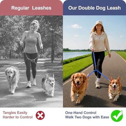 Double Dog Leash for Two Dogs, Complete Set with 31.5" Main Leash + Adjustable Splitter, Padded Handle, D-Ring, 360° Swivel, Shock-Absorbing Bungee, Reflective for Small Medium Large Dogs (Blue) - color: Blue