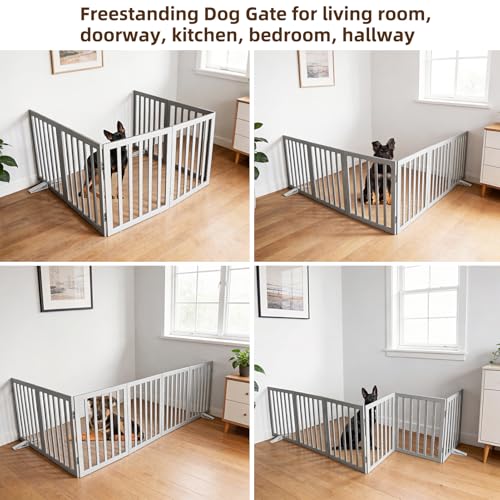 ZJSF Freestanding Indoor Dog Gate for House Foldable Wood Puppy Gate for Doorways Pet Gate for Stairs Extra Wide Pet Fence, Grey, 24" Height 6 Panels