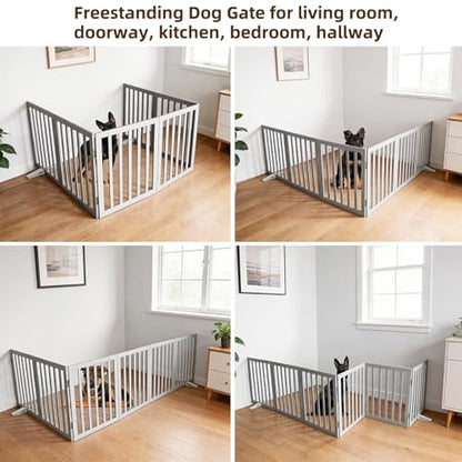 ZJSF Freestanding Indoor Dog Gate for House Foldable Wood Puppy Gate for Doorways Pet Gate for Stairs Extra Wide Pet Fence, Grey, 24" Height 6 Panels
