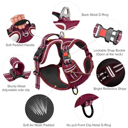 Timos Dog Harness Small Sized, No Pull Pet Harness with Neck Lockable Snap, No Choke Front Clip Reflective Vest, Adjustable Metal Rings 3 Buckles, Easy Control Handle for Small Dogs Burgundy S - color: Lock Burgundy, size: Small (Pack of 1)