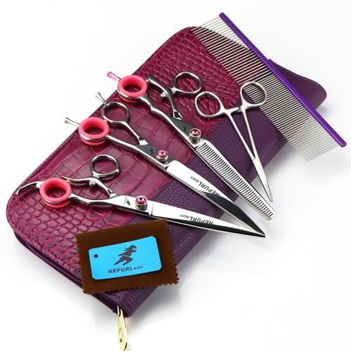 Pet Grooming Scissors Set - 3PCS 7.5 Inch Grooming Shears with Straight, Curved and Thinning Scissors, 440C Stainless Steel, Rotating Handle and Grooming Comb,B - size: B