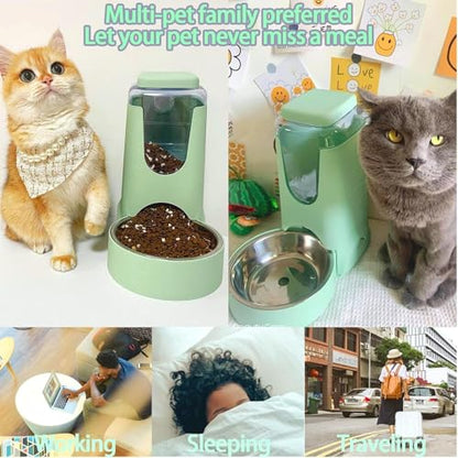 Pets Automatic Gravity Feeder Dogs 2.8L Food & 4L Water Dispenser Set with Stainless Steel Bowl for Small Medium Big Puppy Kitten(Light Green) - color: Light Green
