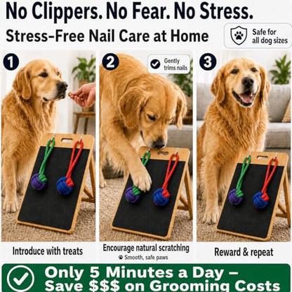 Dog Scratch Board for Nails – Bamboo Dog Nail File Board with Replaceable Sandpaper, Rope Toys, Stress-Free Natural Dog Nail Care Alternative for Anxious, Rescue & Clipper-Shy Dogs
