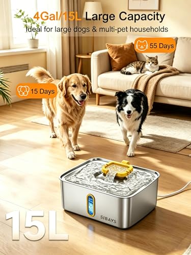 SIBAYS 4Gal/15L Stainless Steel Large Dog Water Fountain, Ultra Quiet Automatic Pet Water Fountain, Dog Water Bowl Dispenser with Water Level Window and LED Light, Easy to Clean(FS78, Silver-Yellow) - color: Silver-Yellow