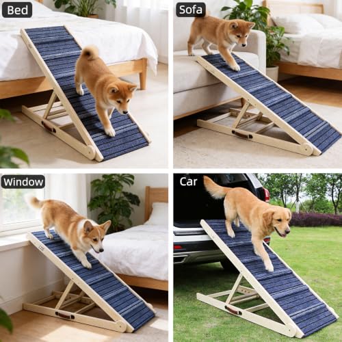 ZJSF Foldable Dog Ramp for High Bed, Wooden Dog Stairs to Bed for Small and Large Dogs, High Traction Platform with 6 Adjustable Heights (13.5"-30"), 48" L, Supports up to 230 lbs - size: 48"L X 17.4"W