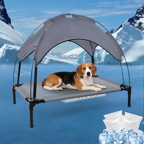 34.3'' Outdoor Elevated Dog Bed with Canopy, Raised Dogs Bed Small Medium Size Dogs with Four Ice Pack, Breathable Cooling Dog Cot Beds, Outdoor Dog Hammock Bed, Outside Pet Bed(Small) - size: Small(34.3"L x 21.78"W x 7"Th)