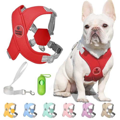 Patas Lague Dog Harness with Leash Set Adjustable Soft Padded Step-in Dog Vest No Choke No Pull Reflective for Small Medium Pets with Poop Bags and Dispenser, Solid and No-chew, Red S - color: Red, size: S (Neck 18.1-21.2'' Chest 21.2-25.2'')