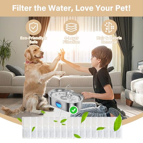 16+16 Pack Replacement Filters Compatible with 3.4Gal Dog Water Fountain, 6 Month Set for Large Dogs Water Bowl Dispenser, Includes 16 Filters & 16 Sponges