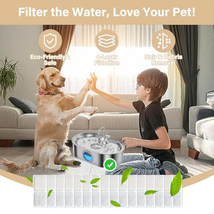 16+16 Pack Replacement Filters Compatible with 3.4Gal Dog Water Fountain, 6 Month Set for Large Dogs Water Bowl Dispenser, Includes 16 Filters & 16 Sponges
