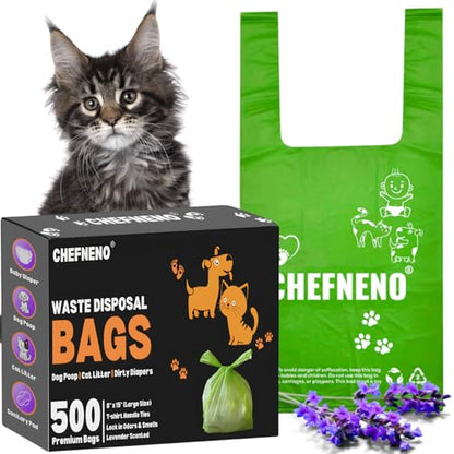 Cat Litter Waste Bags (500 ct., Green) Bulk Dog Poop Bags with Easy Tie Handles Recycled Earth-Friendly Lavender Scented Cat Litter Poop Diaper Bag Disposable Sanitary Pad Waste Bags (500 Bags) - color: Green - Scented (500 ct.)