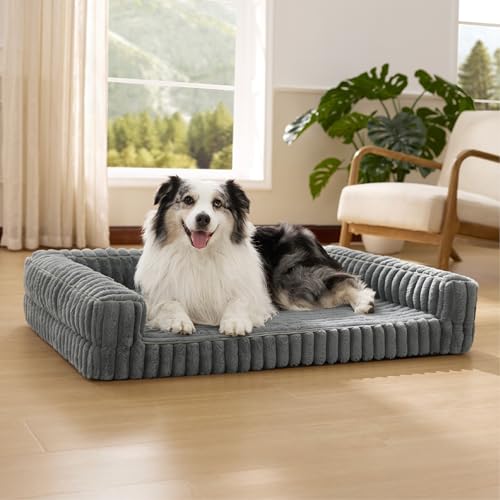 Bedsure ComfyFleece™ Orthopedic Dog Beds for Extra Large Dogs, Waterproof Memory Foam XL Pet Bed with Sides, Non-Slip and Egg-Crate Foam Big Dog Couch Sofa with Washable Corduroy Cover, Grey - color: Grey, size: 42.0"l X 30.0"w X 7"th