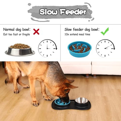 MateeyLife Dog Food and Water Bowl Set 3 in 1, Slow Feeder Dog Bowls & Stainless Steel Water Bowl with Non-Spill Silicone Mat, Cat and Puppy Bowls Pet Dishes for Small Medium Large Breed Anti-Choking - color: Black, size: Medium