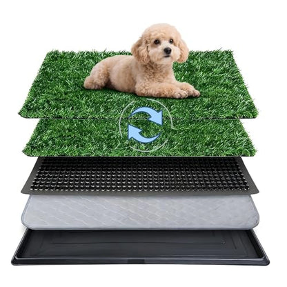 Dog Grass Pad with Tray,16"x20" Dog Litter Box, Artificial Turf Potty System with 2 Reusable Grass Patches + Washable Pee Pads, Portable Indoor Outdoor for Balcony Patio Apartment - size: Small-2 Grass Pad with Changing pad