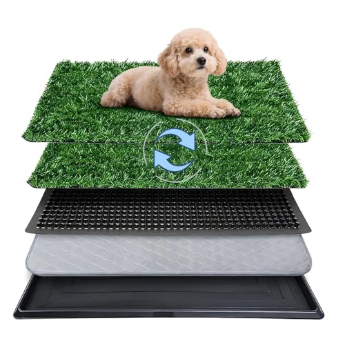 Dog Grass Pad with Tray,16"x20" Dog Litter Box, Artificial Turf Potty System with 2 Reusable Grass Patches + Washable Pee Pads, Portable Indoor Outdoor for Balcony Patio Apartment - size: Small-2 Grass Pad with Changing pad