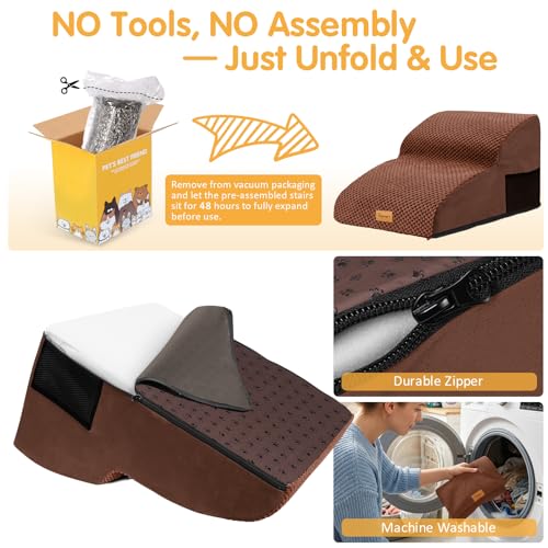 Topmart High Density Extended Foam Dog Ramp&Steps 2 Tiers,11.8" High,Non-Slip Dog Stairs,Soft Foam Pet Ladder with Removable Cover,Best for Injured,Older Cats,Pets with Joint Pain - color: Brown, size: 21.7*15.7*11.8