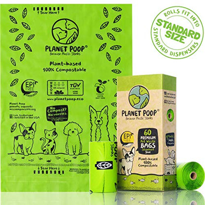 PLANET POOP Home Compostable Dog Poop Bags on Refill Rolls, 60 Un-Scented Pet Waste Bags, Thick Leakproof Plant-Based Doggy Bag, Cat & Dogs Supplies - size: 60 Count (Pack of 1)