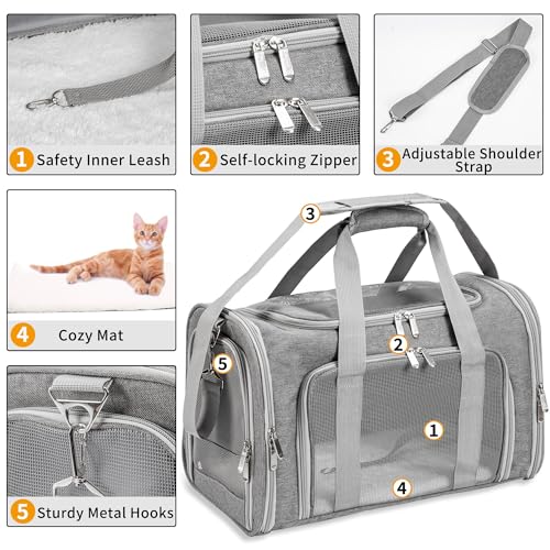 Soft-Sided Cat/Dog/Pet Carrier, Collapsible Pets Travel Carriers for Big Cats/Small Dogs with Shoulder Strap & Removable Mat, Mesh Puppy Carry Bag, Up to 25 Lbs(Gray) - color: GRAY, size: 20"L x 13"W x 13"H