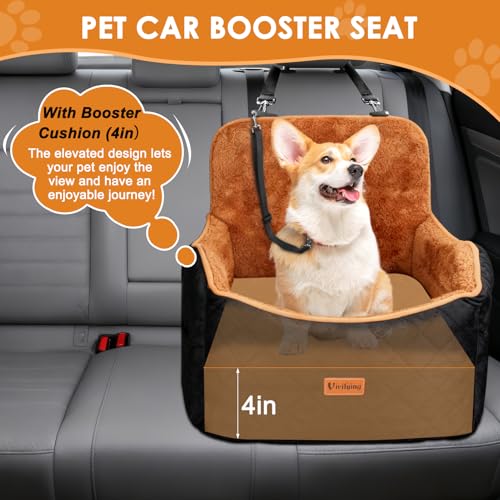 Vivifying Dog Car Seat for Small and Medium Dogs, 4" Booster Pet Car Seat with Safety Strap, Plush Travel Dog Bed for Car with Storage Pocket, Detachable Washable Cover, Fits Dogs up to 35lbs (Black)
