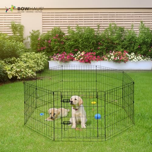 BOWHAUS Foldable Outdoor/Indoor Pet Playpen with Gate, Available in 24 Inch Height Metal Portable Kennel, Heavy-Duty Exercise Fence Cage 8 Panels for Small Dog, Animals - style: 24 Inch