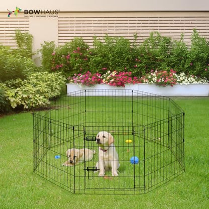 BOWHAUS Foldable Outdoor/Indoor Pet Playpen with Gate, Available in 24 Inch Height Metal Portable Kennel, Heavy-Duty Exercise Fence Cage 8 Panels for Small Dog, Animals - style: 24 Inch