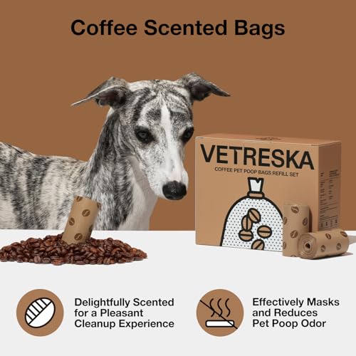 VETRESKA Dog Poop Bags, Coffee Scented Waste Bags, Leak Proof, Extra Thick and Large Dog Pet Bags for Dogs and Cats - 300 Count (20 Refill Rolls) - size: 1 Count (Pack of 300), style: coffee