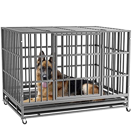 LEMBERI 38 Inch Heavy Duty Indestructible Dog Crate, High Capacity Escape Proof Double Door Kennel with Lockable Wheels, Small Metal Dog Cage with Reinforced Steel Tubes, Removable Tray, Silver - color: Silver, size: 37.4"L x 25.6"W x 30.5"H