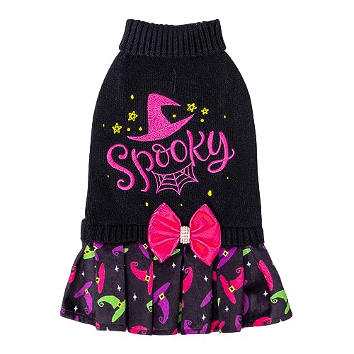 CuteBone Halloween Dog Sweater Dress Spooky Embroidery Turtleneck Puppy Sweater with Bowtie Leash Hole Pullover Winter Dress for Small Dogs - color: Halloween 3, size: Small