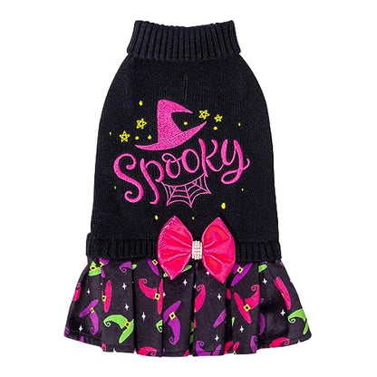 CuteBone Halloween Dog Sweater Dress Spooky Embroidery Turtleneck Puppy Sweater with Bowtie Leash Hole Pullover Winter Dress for Small Dogs - color: Halloween 3, size: Small
