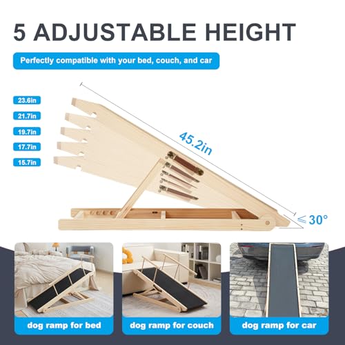 Dog Ramp for Bed and Couch, 5 Height Adjustable Solid Wood Pet Ramp for Small, Medium & Large Dogs, Collapsible Anti-Slip Dog Ramp for Sofa, Couch & Beds(Wood, 115)