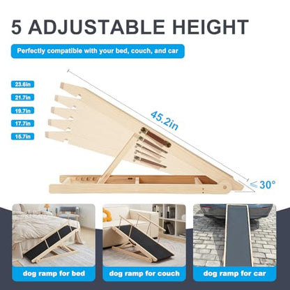 Dog Ramp for Bed and Couch, 5 Height Adjustable Solid Wood Pet Ramp for Small, Medium & Large Dogs, Collapsible Anti-Slip Dog Ramp for Sofa, Couch & Beds(Wood, 115)
