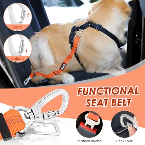 SlowTon Dog Seatbelt, 2 Pack Dog Seat Belt Car Leash Adjustable Elastic Bungee Buffer Heavy Duty Nylon Reflective Pet Safety Tether Connect to Dog Harness for Travel Riding in Vehicle (Daul Clip, OR) - color: Orange