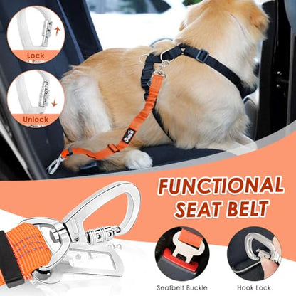 SlowTon Dog Seatbelt, 2 Pack Dog Seat Belt Car Leash Adjustable Elastic Bungee Buffer Heavy Duty Nylon Reflective Pet Safety Tether Connect to Dog Harness for Travel Riding in Vehicle (Daul Clip, OR) - color: Orange