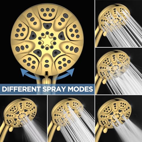 6-Mode High Pressure Handheld Shower Head Set, Consumer Reports Recommended HOPOPRO High Flow Hand Held Showerhead with 59 Inch Hose Bracket Teflon Tape Rubber Washers - color: Gold, style: 6 Modes
